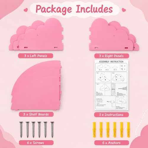 Cloud Corner Floating Shelves, Set of 3 Wall Mounted Shelves, Pink