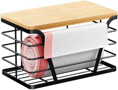 TIDIIABODE Small Grocery Bag Holder, Trash bag holder with Removable Bamboo Top, Wall Mount, No Drill, Stainless Steel, 