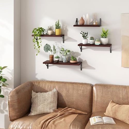 YGEOMER 4 Different Sizes Floating Shelves for Wall Decor, Walnut Red Brown