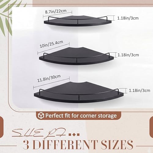 Novabright Corner Floating Shelf Set of 3, Rustic Black Wood 9/10/12 in