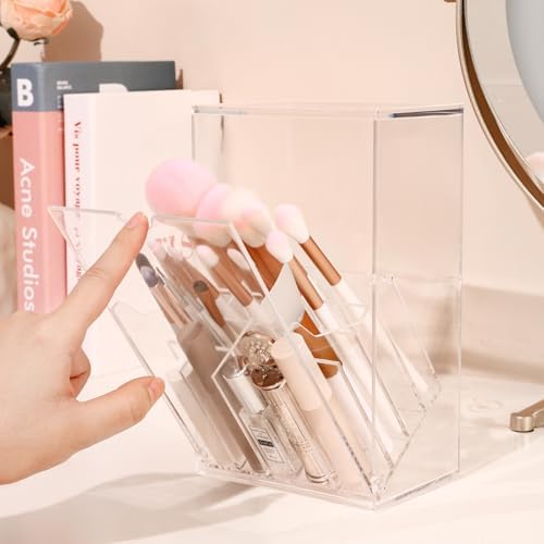 Acrylic Makeup Brush Holder with Lid for Vanity, 17-Slots Large Capacity