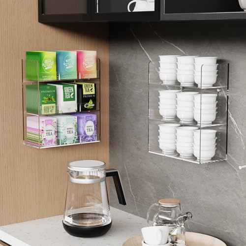 Acrylic Tea Bag Organizer, 3 Layers Tea Bag Holder for Tea Packets, No Assembly Required, Wall Mount Display Tea Caddy f