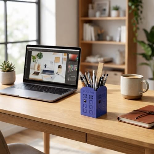 Mango Steam Metal Pen Holder, Makeup Brush Cup Organizer for Office, Bathroom, Vanity (Blue, Police Box)