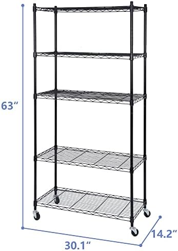 ZENY 5-Shelf Heavy Duty Shelving Storage Unit with Casters, Metal Organizer Wire Rack for Kitchen, Office, Garage, Black