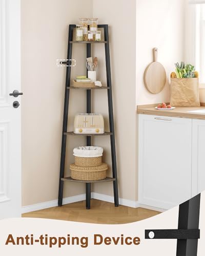 Hoctieon Corner Shelf, 4-Tier Corner Bookshelf, Rustic Ladder Shelf, Industrial Display Stand for Living Room, Kitchen, 