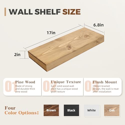 Floating Shelves, 17 Inch Wall Mounted Shelves, Set of 2, Oak