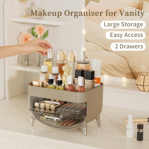 Jywantful Makeup Organizers for Vanity, Khaki Skincare Storage with Drawers