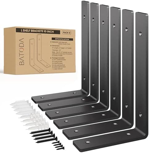 BATODA 10" L Heavy Duty L Shelf Bracket for Floating Shelves, Pack 6, Black