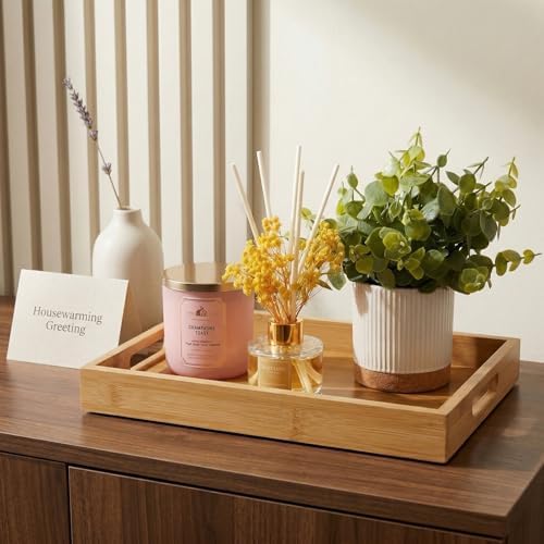 Perfume Plate Tray with Handle - Natural Bamboo Wood Display Tray for Dresser, Coffee Table, or Bathroom, 11.4x7.9 Inche