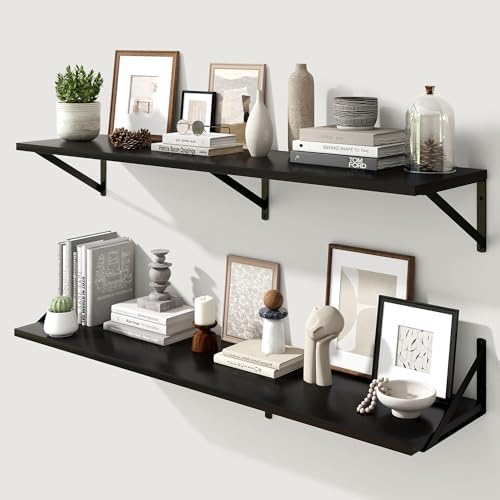 Marsmiles Deep Floating Shelves, 48'' x 12'' Black Wood Shelves Set of 2