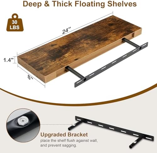 Floating Shelves, 8 Inch Deep Floating Shelves, 24"W x 8"D Wall Shelves Set of 2, Rustic Wood Floating Shelf for Home De