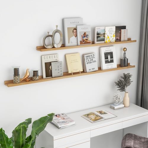 FLYJOE Picture Ledge Shelf, Floating Shelves Set of 2, Solid Ash Wood 72'' Long Large Nursery Book Shelves for Toys Storage, Kids Bookshelf for Living Room Bedroom Decor Books Photo Frames, Natural