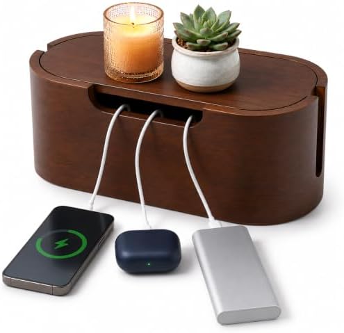 Wooden Cable Management Box with Lid, Decorative Cord Organizer for Power Strip & Charger Cables, Ventilation Holes & Si