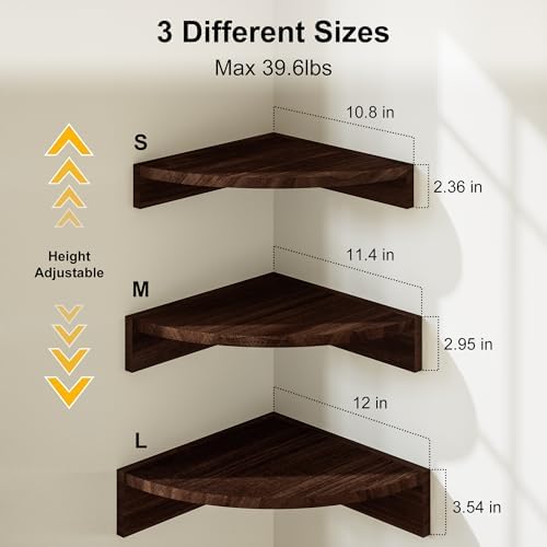 Alsonerbay Wood Corner Shelves Wall Mount 3-Pack, Dark Brown