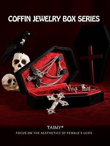 TAIMY Coffin Jewelry Box, Mini Coffin Shaped Gothic Jewelry Case, Plush Velvet Small Jewelry Organizer for Earrings Rings Necklaces Bracelets