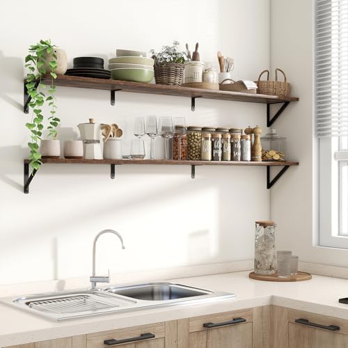 Axeman 55 Inch Floating Shelves, 8 Inch Deep Brown Wall Shelves Set of 2