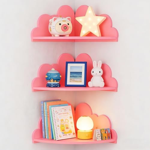 Cloud Corner Floating Shelves, Set of 3 Cloud Corner Shelf Wall Mounted, Cute Nursery Wall Decor, Small Wooden Display S