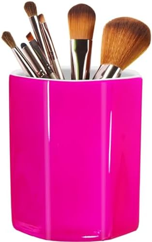 Pen Holder, Makeup Brush Holder Ceramic Shiny Gold Spring Floral Pattern Pencil Cup for Girls Kids Women Durable Stand Desk Organizer Storage Gift for Office, Classroom, Home (Hot Pink)