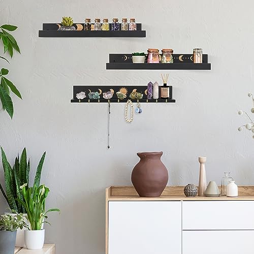 Crystal Shelf with Hooks Set of 3, Moon Shelf Display Wall Mount, Wood Floating Shelves for Celestial Decor and Room Dec