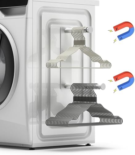 MFTEK Hanger Organizer Stacker, Magnetic Hanger Holder, Extendable Hangers Storage Rack for Washing Machine Closet Laundry Room Organization, Metal Stand Rack for Adult Kids Velvet Hangers (White)