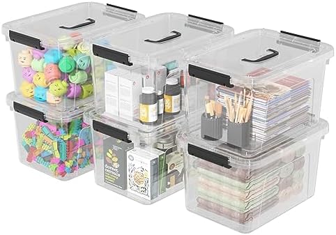 12 Qt Clear Tote Box, Plastic Storage Bin with Lid & Handle Set of 6