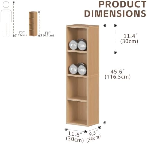 4-Tier Tall Narrow Bookshelf,Slim Bookcase with Open Cubes