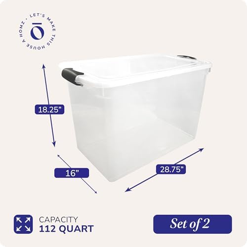 HOMZ Clear Plastic Storage Bins w/Latching Lid, 112 Qt, Gray Latch, 2 Pack