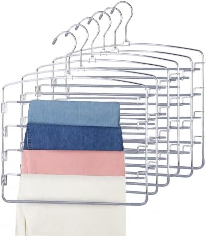 Pants Hangers 6 Pack 5 Layers Multi Functional Pants Rack Swing Arm Space Saver Hanger for Trousers Jeans Towels Scarf （Grey）