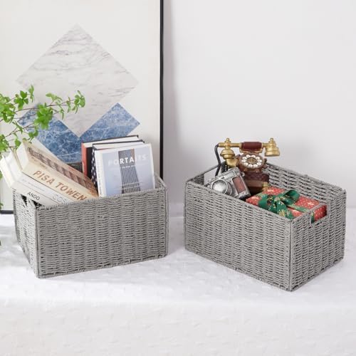 Vagusicc Wicker Storage Basket, Set of 2 Hand-Woven Paper Rope Wicker Basket, Small Storage Baskets for Organizing Toile
