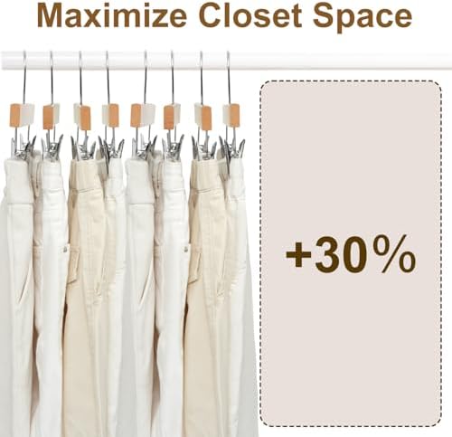 BAGAIL 20 Pack Wooden Pants Hangers with Adjustable Clips, 360°Swivel Hook Space Saving Skirt Holders with Anti-Rust Clips for Trousers, Jeans, Shorts (Natural)