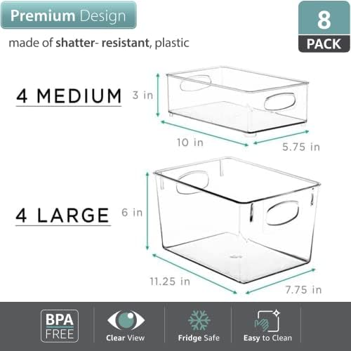 Sorbus Set of 8 Clear Fridge Organizers - Refrigerator & Pantry Bins for Organizing Food - 2 Different Sizes with Handle