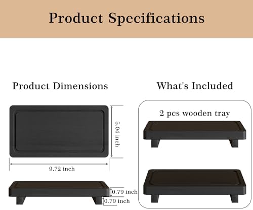 ZGO Small Counter Set of 2, Decorative Vanity Tray for Bathroom & Kitchen, Wooden Soap Holder, Black