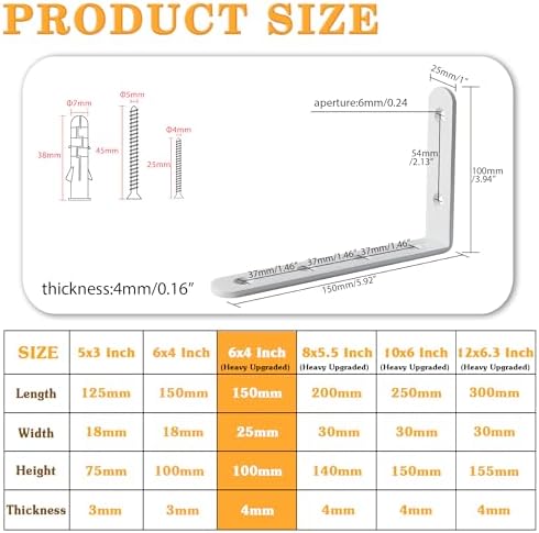 Alise 4mm Thick L Bracket for Shelves,6x4 Inch Shelf Brackets White,4 Pcs