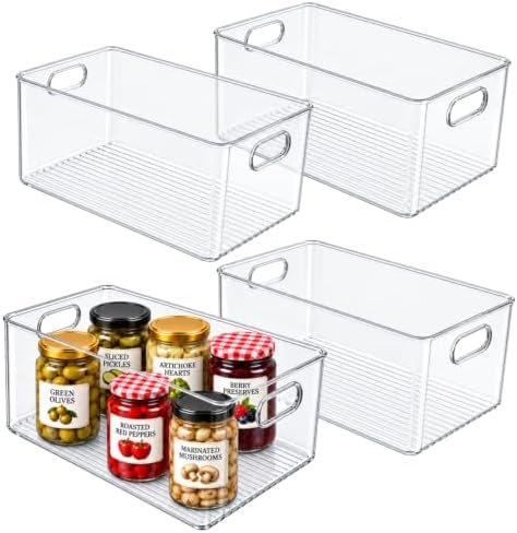 Plastic Food Storage 4 Pack Clear Container Bin with Handles for Organizing Kitchen, Pantry, Refrigerator, Freezer, Pant