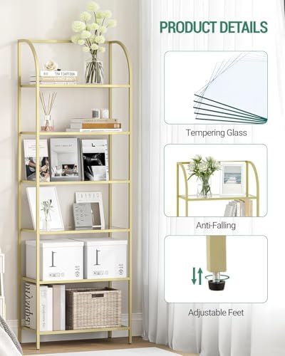 Hzuaneri Bookcase Bookshelf, Tempered Glass Arched Bookshelf