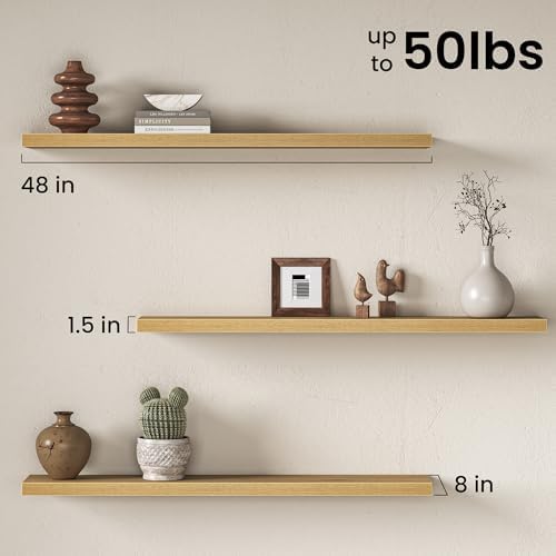 48" Floating Shelves for Wall, Set of 2, 8" Deep, 1.5" Thick, Oak Finish