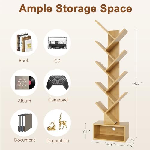 Hoctieon 9 Tier Tree Bookshelf, Tall Bookcase with Drawer, Wood Book Shelf, Modern Floor Standing Bookshelves, Book Orga