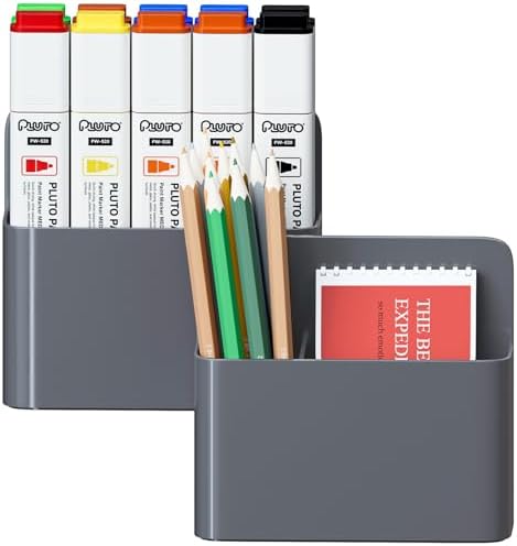 Mabrasse 2p Magnetic Dry Erase Marker Holder,Pen and Eraser Holder for Whiteboard, Magnet Pencil Cup Utility Storage Organizer for Office, Refrigerator, Locker and Metal Cabinets（Grey）