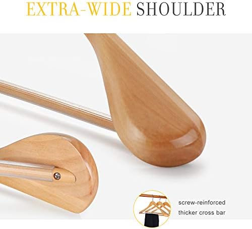 TOPIA HANGER Set of 6 Luxury Natural Wooden Coat Hangers, Premium Wood Suit Hangers, Glossy Finish with Extra-Wide Shoulder, Thicker Chrome Hooks & Anti-Slip Bar CT02N