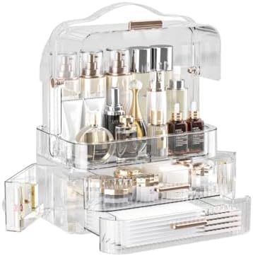 LINFIDITE Cosmetics Storage Box Transparent Lid Large Makeup Organizer Box Drawers Portable Handle Waterproof Dustproof 