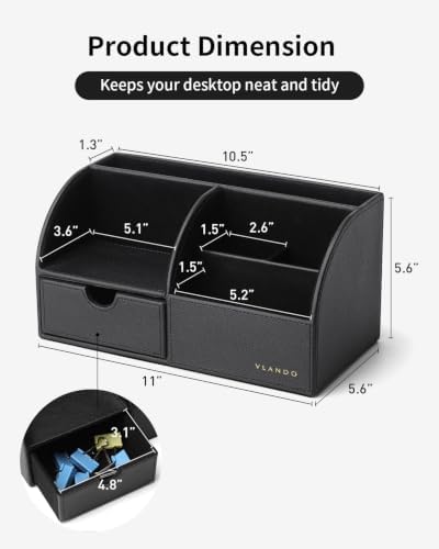VLANDO Desk Organizer, 6-Compartment Faux Leather Desk Storage with Drawer
