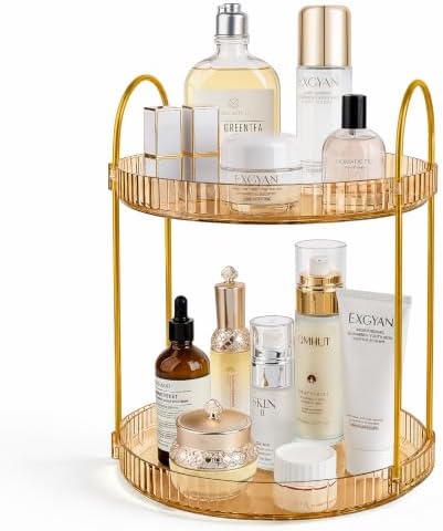 360° Rotating Makeup Organizer Large Capacity Perfume Tray, 2 Tier, Gold