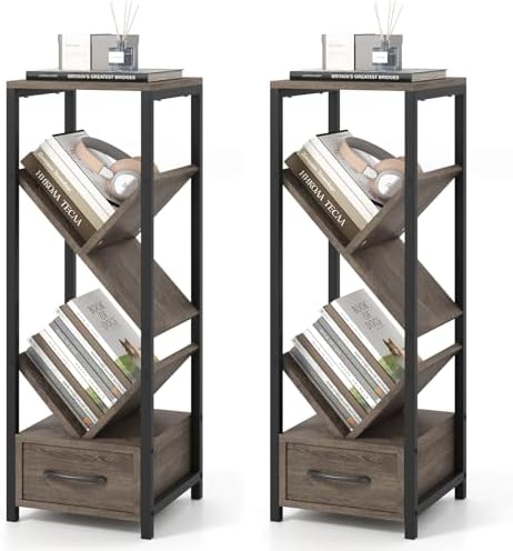 GIANTEX Tree Bookshelf with Drawer, 4-Tier Narrow Bookcase with Metal Frame, Tall Floor Standing Storage Organizer for S