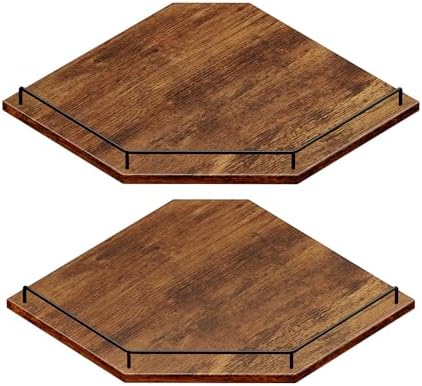 JJL Corner Shelf Wall Mounted, 12 Inches 2-Tier Floating Corner Shelf, Hexagon Rustic Wood Decor with Fence, Brown Stora