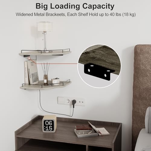JJL Corner Shelf Wall Mounted, 12 Inches 2-Tier Floating Corner Shelf, Hexagon Rustic Wood Decor with Fence, Gray Wood G