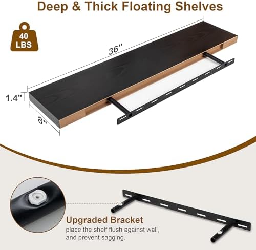 Fun Memories Black Floating Shelves 36 Inch Long, 8 Inch Deep Floating Shelf for Wall, 36" W x 8" D Wall Shelves Set of 