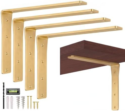 4 Pack Heavy Duty Brass Shelf Brackets 16 Inch by Balin Designs – Decorative L Bracket for Shelves, Metal Shelf Support 