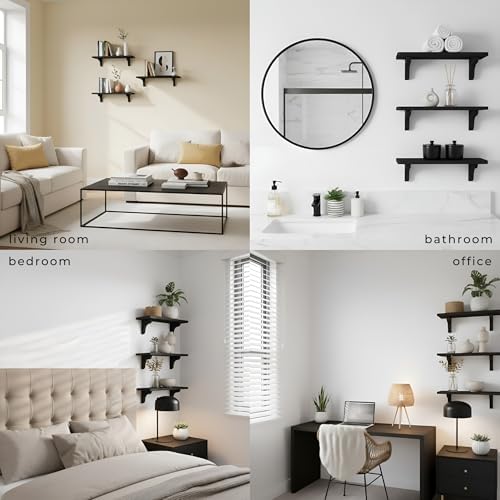 Real Wood Black Shelves for Wall - 17 inch (3 Pack) - Easy to Install, Template and Video Included - Black Wall Shelf, M