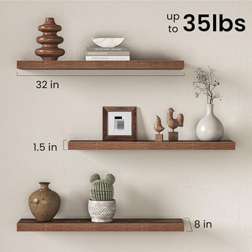 32" Floating Shelves for Wall, Set of 3, 8" Deep, 1.5" Thick, Brown
