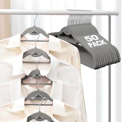 Velvet Felt Stackable Hangers 50 Pack, Thin & Space Saving, Gray